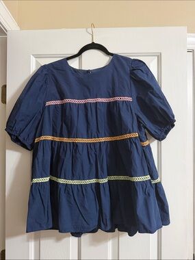 English Factory Blue Colorful Plus Sized Tiered Puff Sleeve Babydoll Blouse 1X